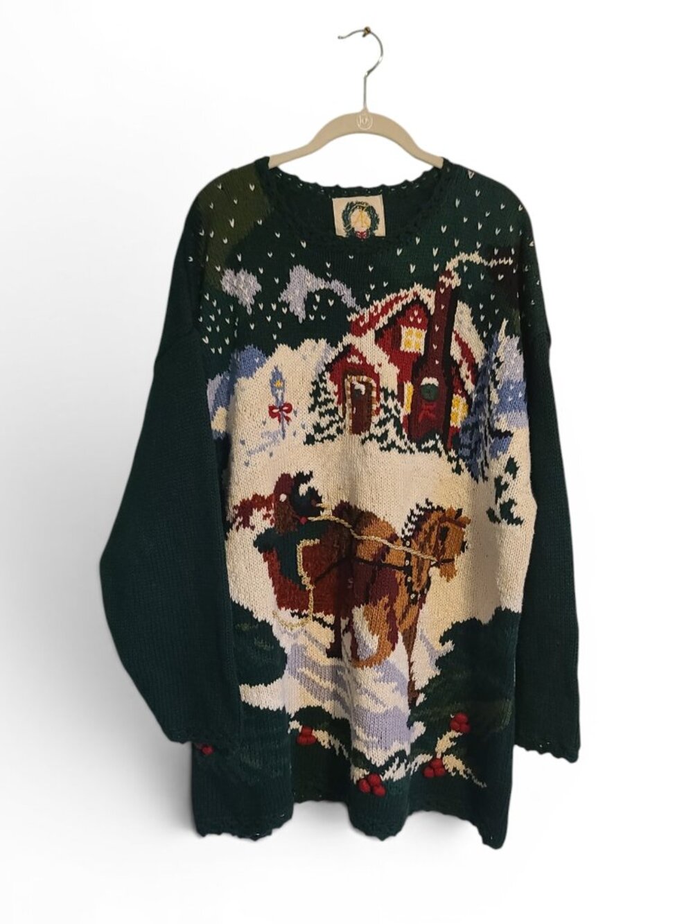 Vintage 90s Festive Merry Christmas Winter Snow Horse Scene Pullover Knit Sweate